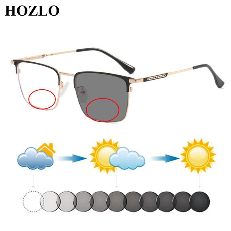 

Men Business Retro Square Titanium Alloy Photochromic Bifocal Reading Sunglasses Look Near Far Presbyopia Spectacles Custom Lens