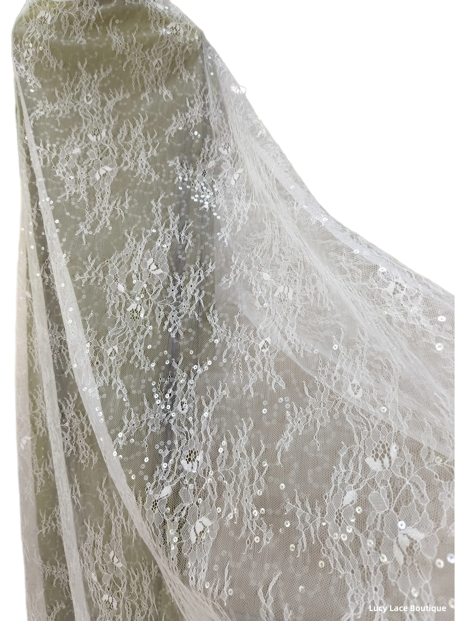 150CM Wide Off White Lace with Transparent Sequins Shiny Super, Wedding Dress Gowns Lining Lace Fabric Material 2023 NEW