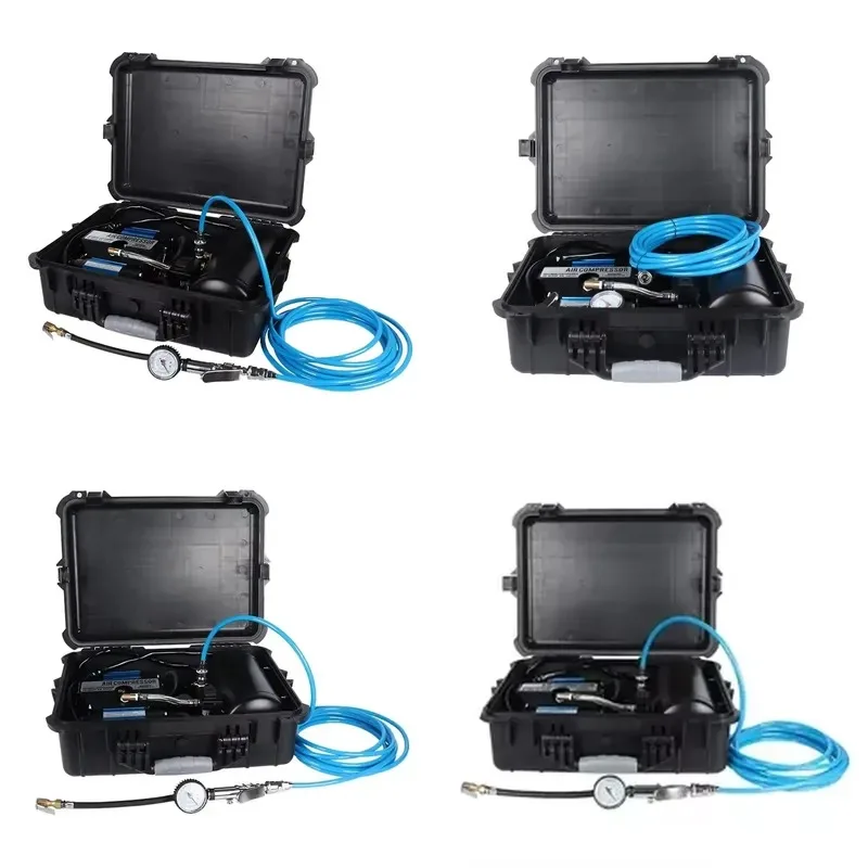 DC12V 4WD Portable Electric Air Pump Twin Cylinder Tire Inflator with Pressure Monitor and Storage Box for Car
