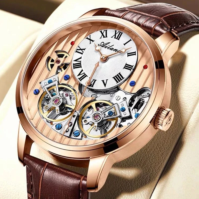 AILANG men watches double Flywheel Hollow skeleton Automatic MAN WATCH Mechanical fashion Reloj Hombre Leather strap Wristwatch