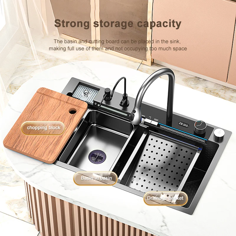حوض مطبخ شلال من الفولاذ المقاوم للصدأ فتحة واحدة كبيرة مع صنبور شاشة ديجيتال حوض غسيل متعدد الوظائف للشقة #2