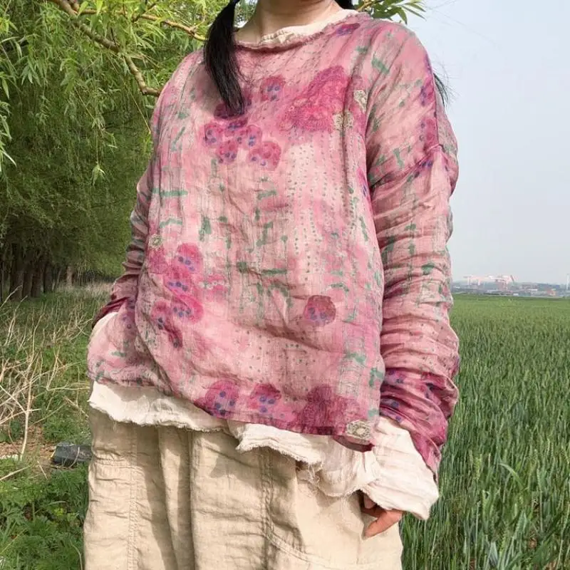 

Новинка 2025, весна-лето, художественный стиль, женская свободная футболка с длинным рукавом и круглым вырезом, винтажная футболка Ramie с принтом, женские топы высокого качества