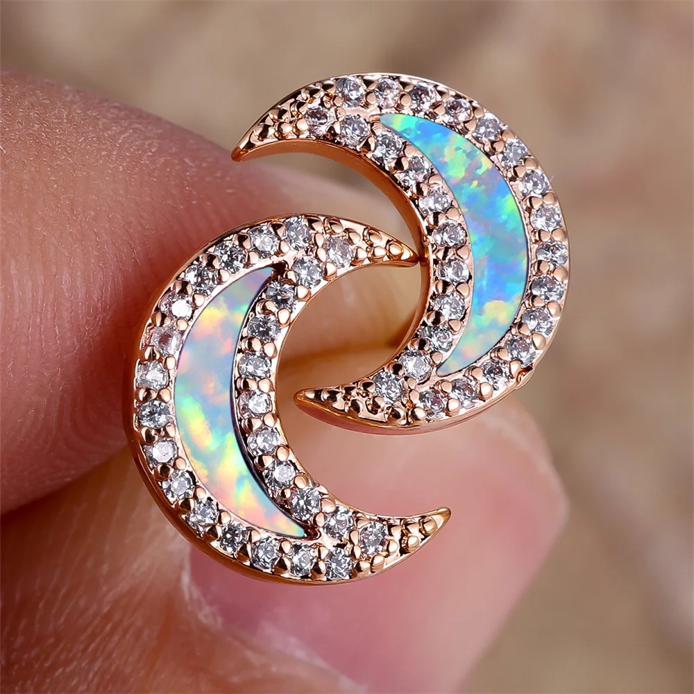 White Blue Fire Opal Cute Moon Stud Earrings For Women Vintage Rose Gold Silver Color Wedding Jewelry Simple Fashion Bridal Gift