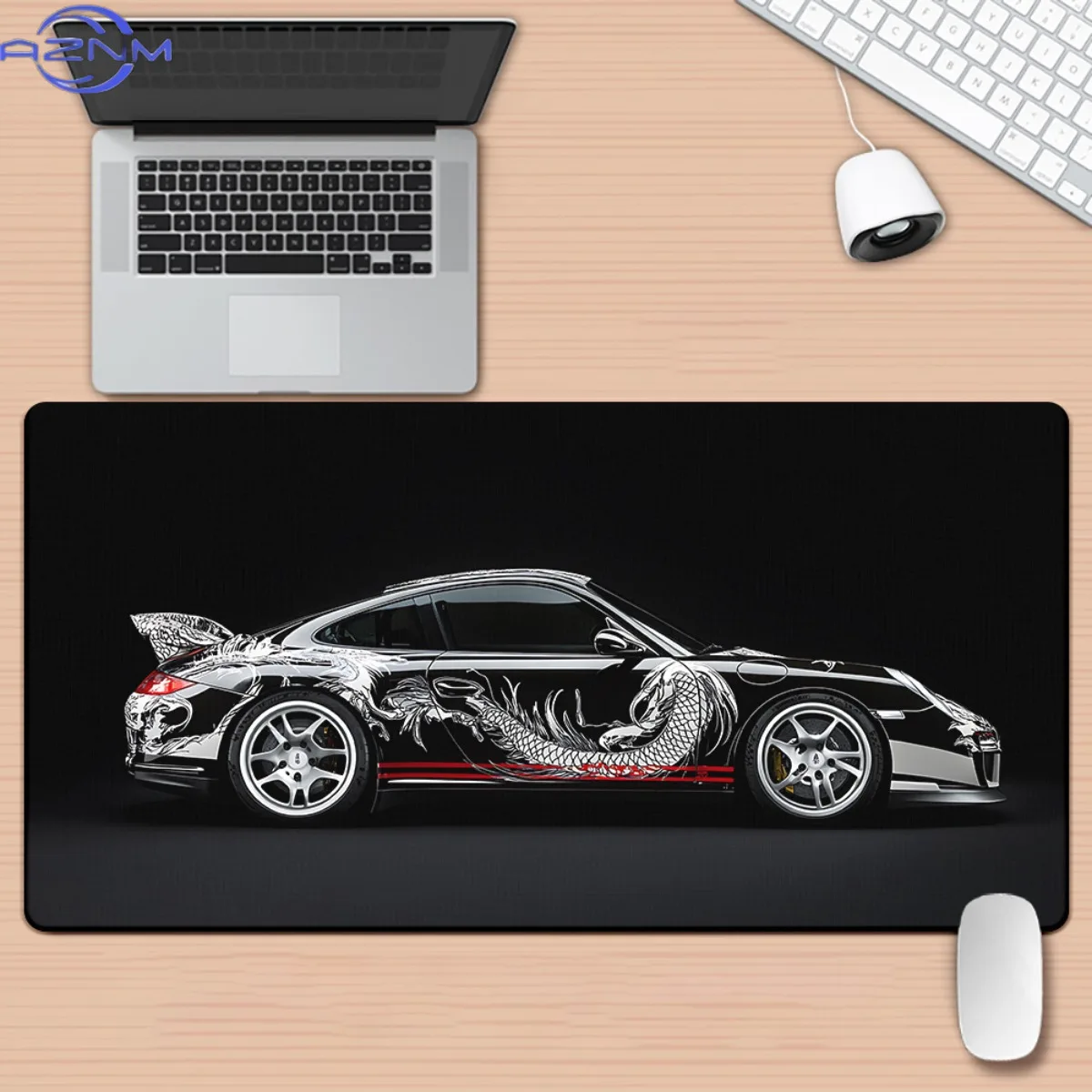 One Piece of Ukiyoe Design Featuring a Black Sports Car, This Multifunctional XXL Mousepad Serves As a Desk Mat for Gaming And O