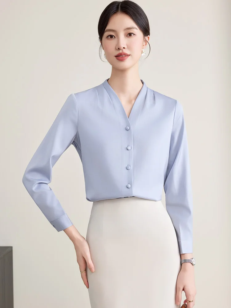 

Blue V-Neck Long Sleeve Shirt Women's Business Casual Fashion Spring Autumn Interview Workwear Comfortable Breathable Polyester