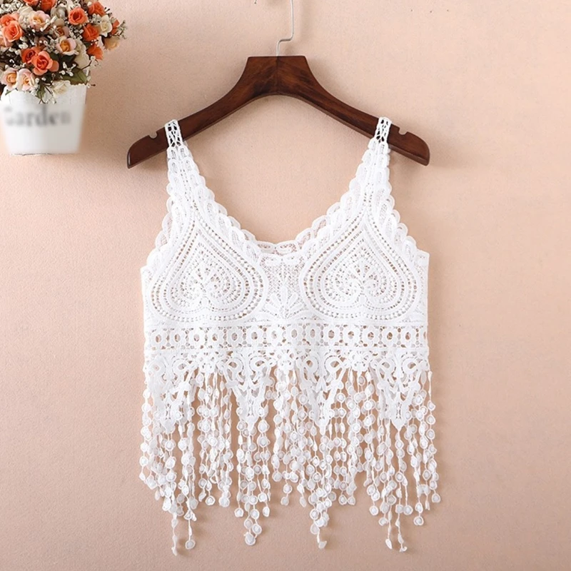 

Women Hollow Out Crochet Crop for Tank Top Knit Heart Lace Long Tassels Camisole Sleeveless See-Through Vest Beach Cover