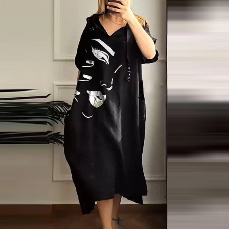 Women Retro Abstract Face Print Hooded Dress Spring V Neck Pocket Party Long Dress Summer Short Sleeve Loose Slit A-Line Dresses