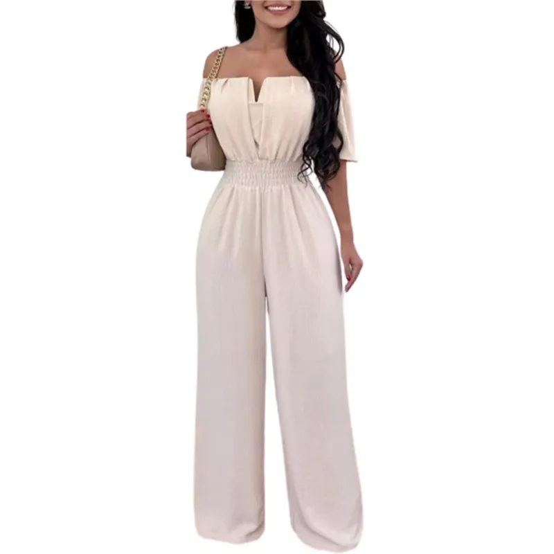 Summer Women Sexy One Line Shoulder Jumpsuit New Solid Color Short Sleeve Slim Elastic Waist Loose Straight Female Long Jumpsuit