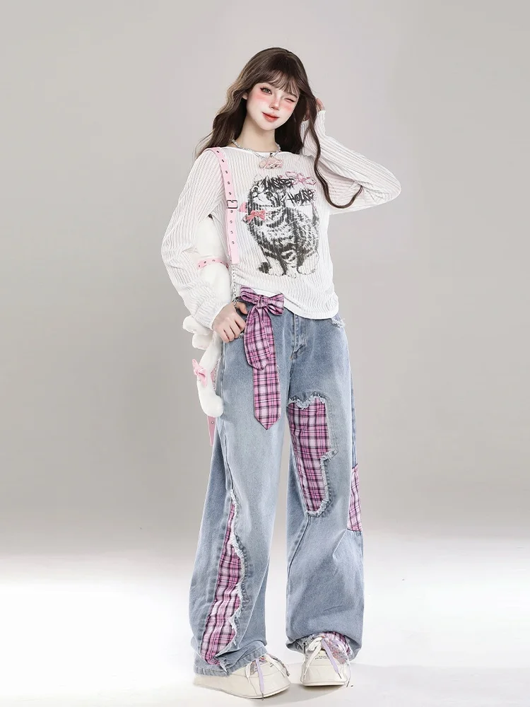 Sweet Cool Style Loose Women's Denim Jeans Patched Wide Leg Casual Long Trousers Autumn New Straight Cut Slimming Jeans