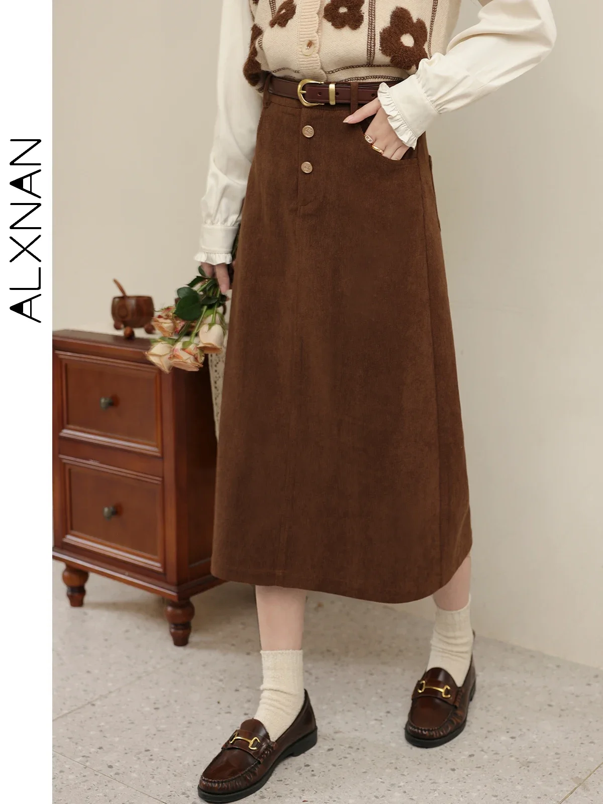 ALXNAN Retro Brown Casual Midi Skirt for Women 2024 Autumn Winter Commuter Solid Simple Elegant Skirts Female Clothing LXN32215