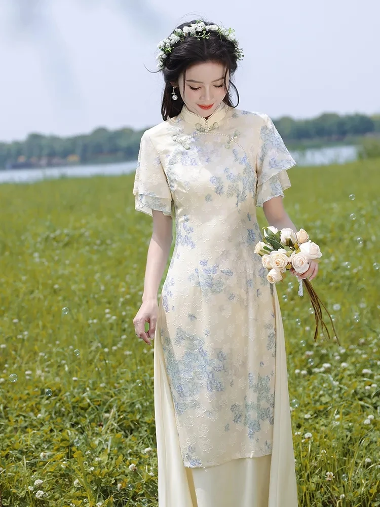 أنيقة الرجعية سيدة شابة جميلة تشيباو فستان ريترو Hanfu الشاي الفن فستان الحفلات التقليدية فيتنام آو داي المرأة الدانتيل Aodai فستان