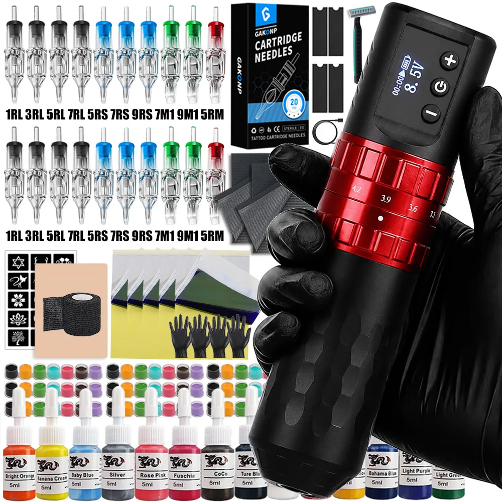 Complete Wireless Tattoo Pen Machine Kit 1800mAh Battery Adjustable Stroke 2.4mm-4.2mm Tattoo Machine Set for Tattoo Artists