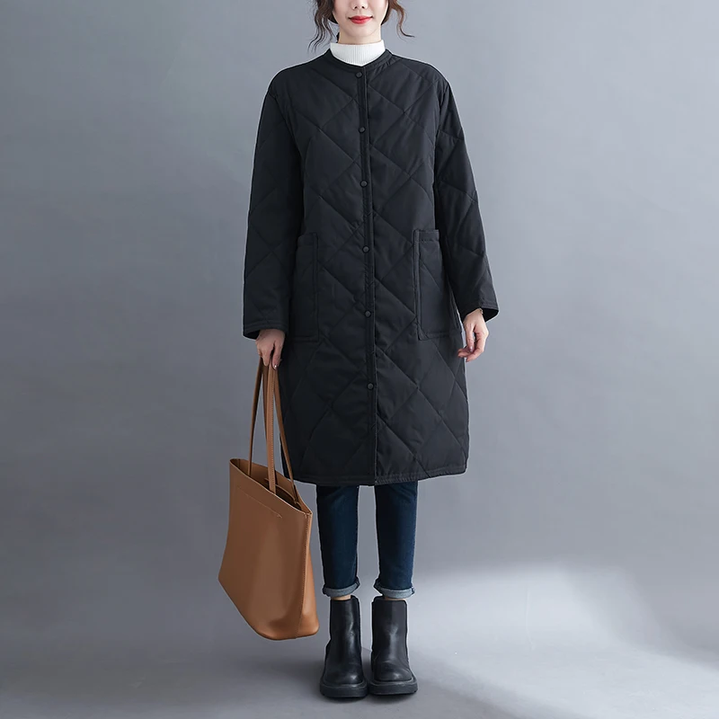 Długi płaszcz bawełniany Thiened za kolano, ciepły, okrągły dekolt, modny płaszcz damski do pracy, artystyczny płaszcz w jednolitym kolorze.