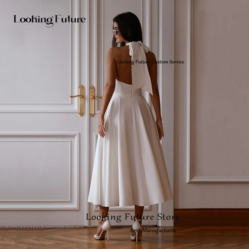 Elegant A-Line Ivory Wedding Dresses Simple Halter Neck Sleeveless Ankle-Length Bridal Gowns Plest Sexy Backless 2025 Customized