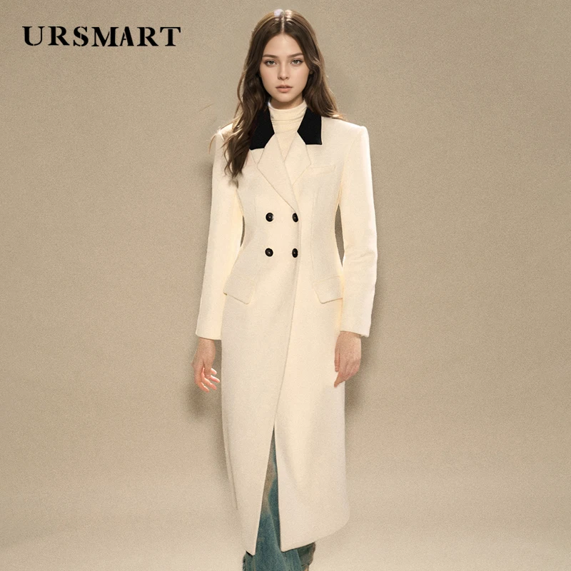 High quality white slim fit wool women's coat customized modern minimalist wool blend double breasted work women's coat