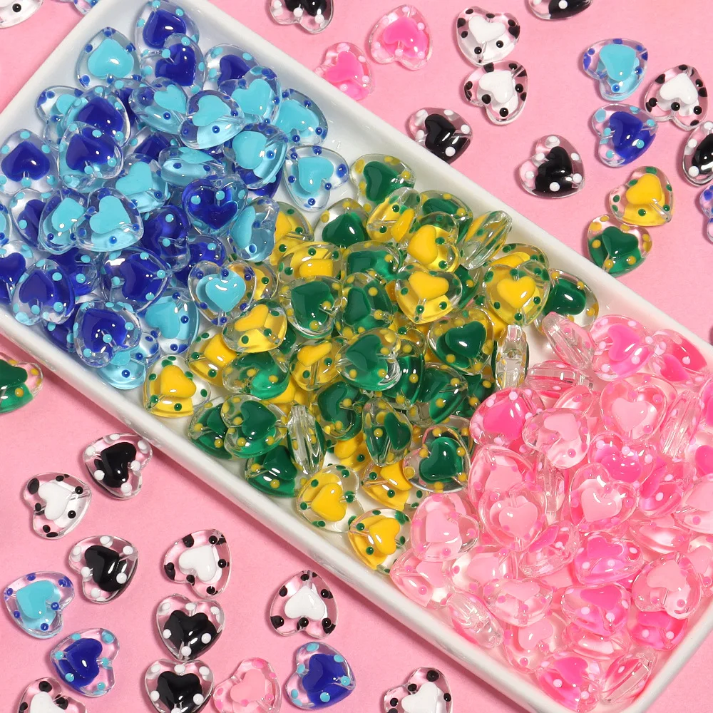 Hand Painting Oil Drop Polka Dots Style Colorful Love Heart Acrylic Jewelry Beads 12mm 30pcs Ornament Accessory Bracelet Making