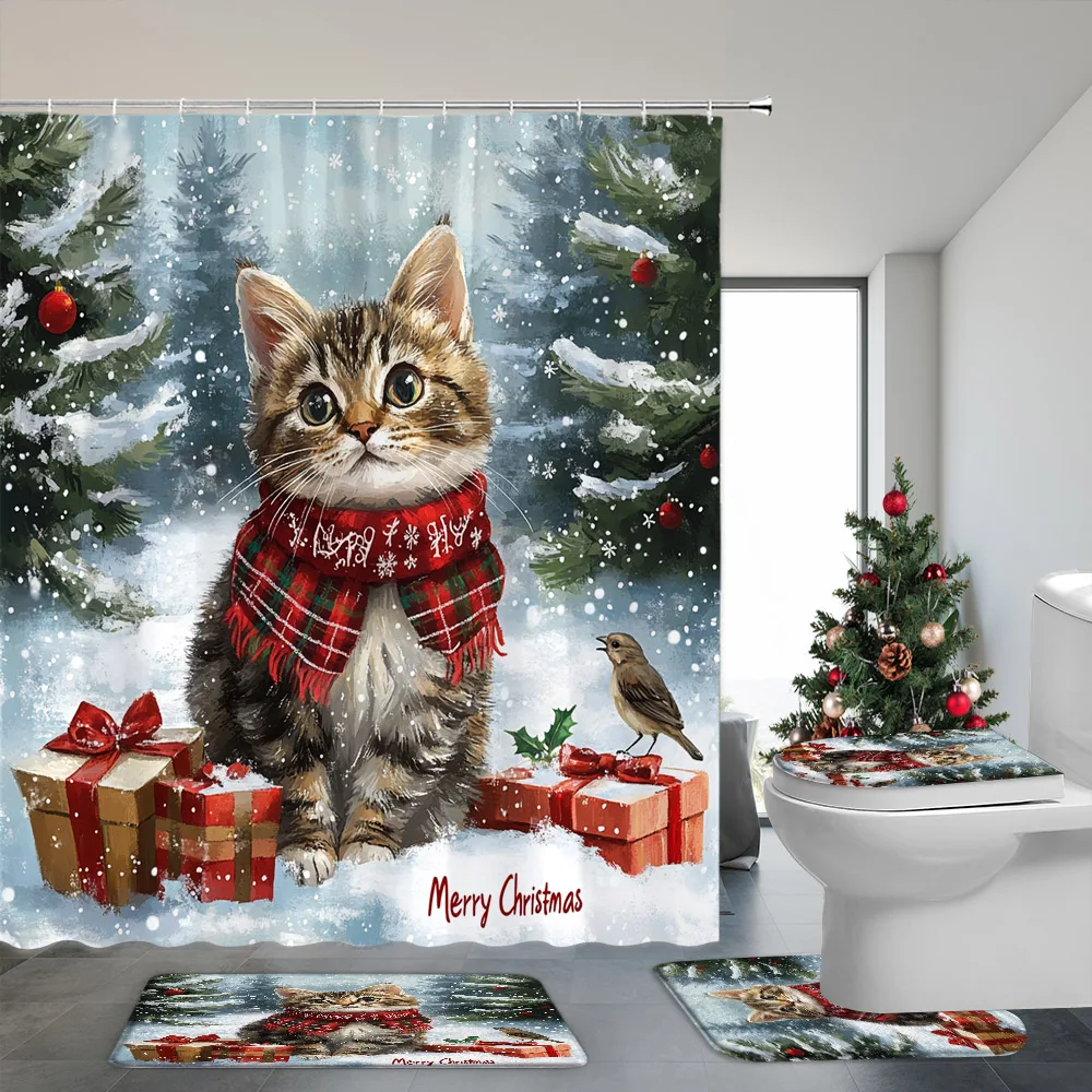 4 Piece Set Christmas Shower Curtain and Rug Bathroom Santa Claus Snowman Christmas Gift Printed Shower Curtains Bath Mat Set