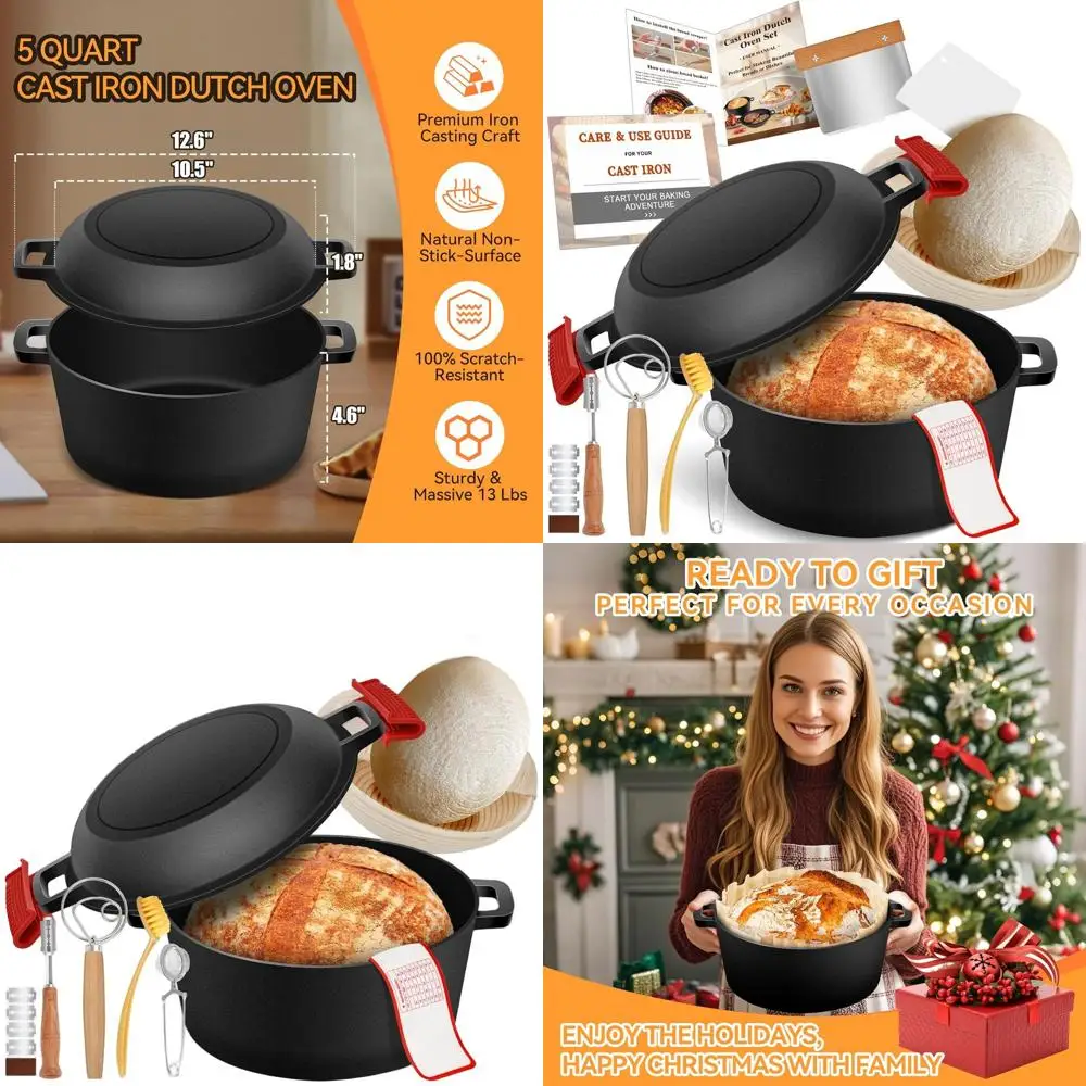 

2-in-1 Cast Iron Dutch Oven with Skillet Lid and Lame, 5QT, for Bread Baking and Sourdough Proofing
