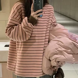 Pink Striped Long Sleeve T-shirt Women's Chic Loose-fit Inner Round Neck Sweatshirt 2023 Autumn New Lightweight Student Tops