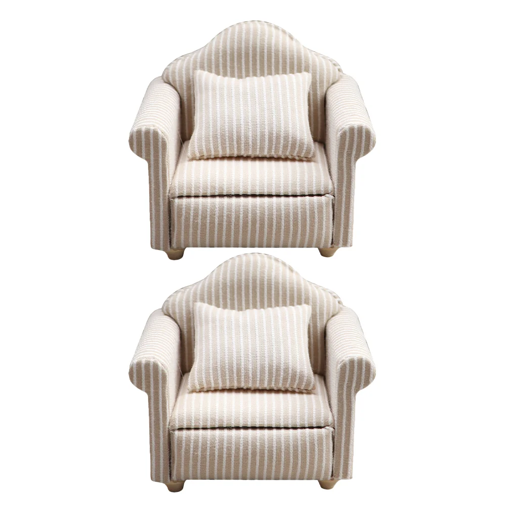 2 Pcs Dollhouse Sofa Miniature Living Room Decor Toy Furniture Model Stripe Couch Decoration Wood