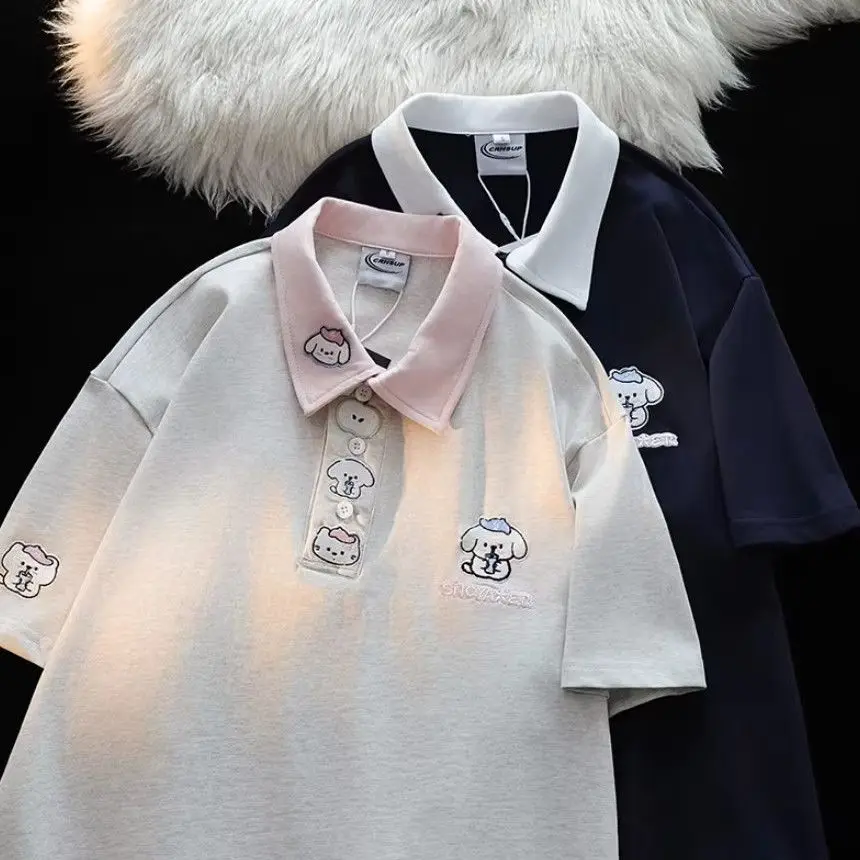 Campus Kawaii Cartoon Dog Embroidery Polo Shirt Women Contrast Color Collar Short Sleeve Loose Oversized Preppy Casual T-Shirt