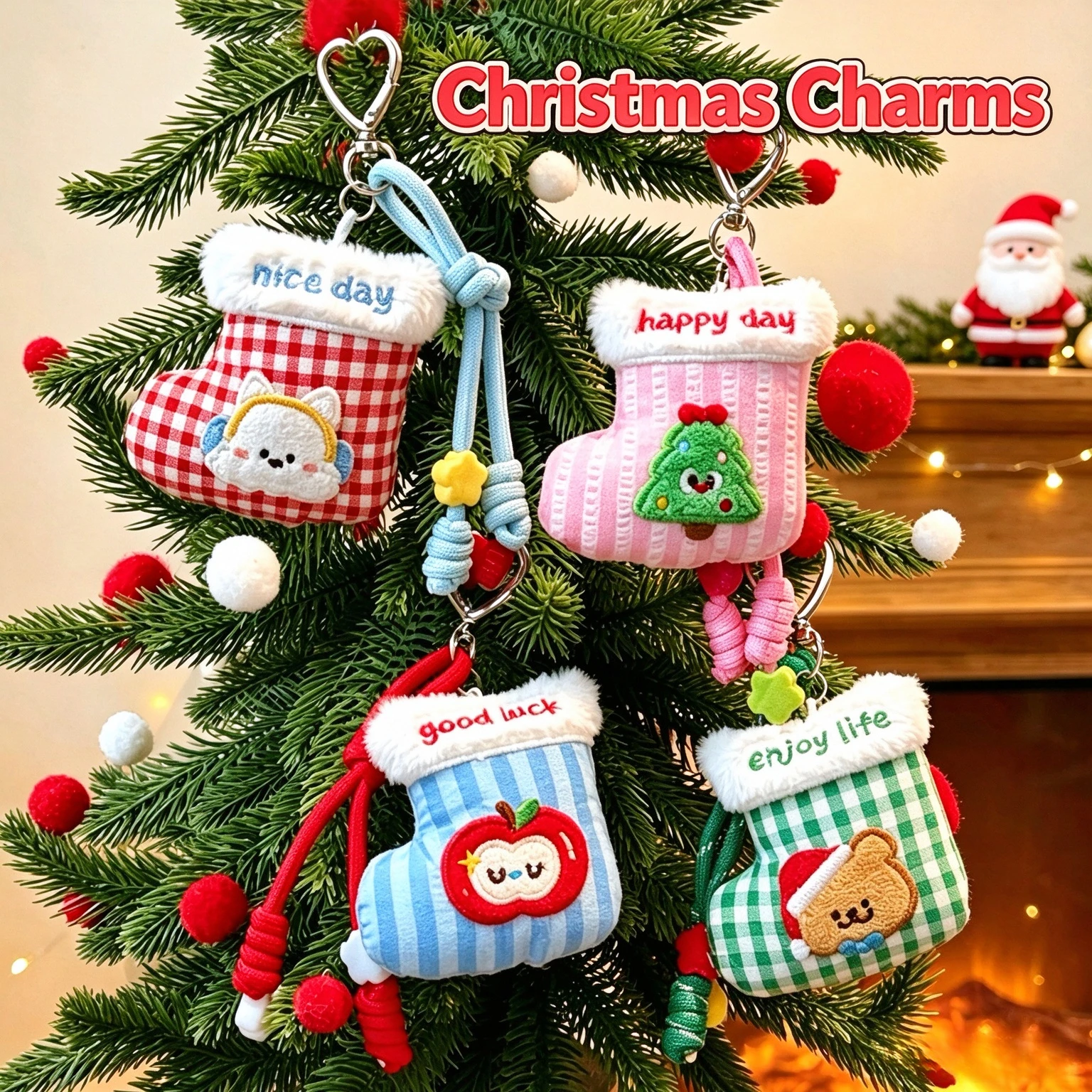 Cute Christmas Sock Keychain Cartoon Embroidery Animal Xmas Charms Bag Pendant For Backpack Christmas Tree Decor Gifts
