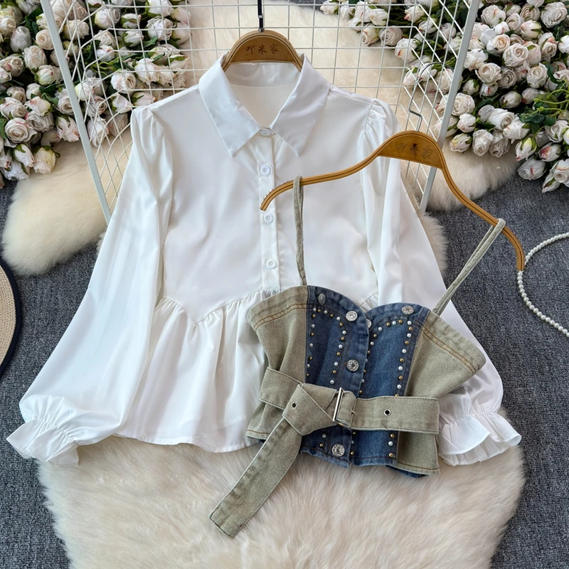 Autumn Vintage Long Sleeve Shirt With Denim Camisole Vest Set Versatile Bubble Sleeve Blouse Two-piece Top Set