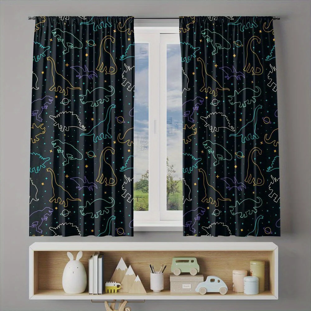 Fun Dinosaur Pattern Curtain Pair for Kids Nursery Room Home Decoration Window Privacy Blue Tropical Theme