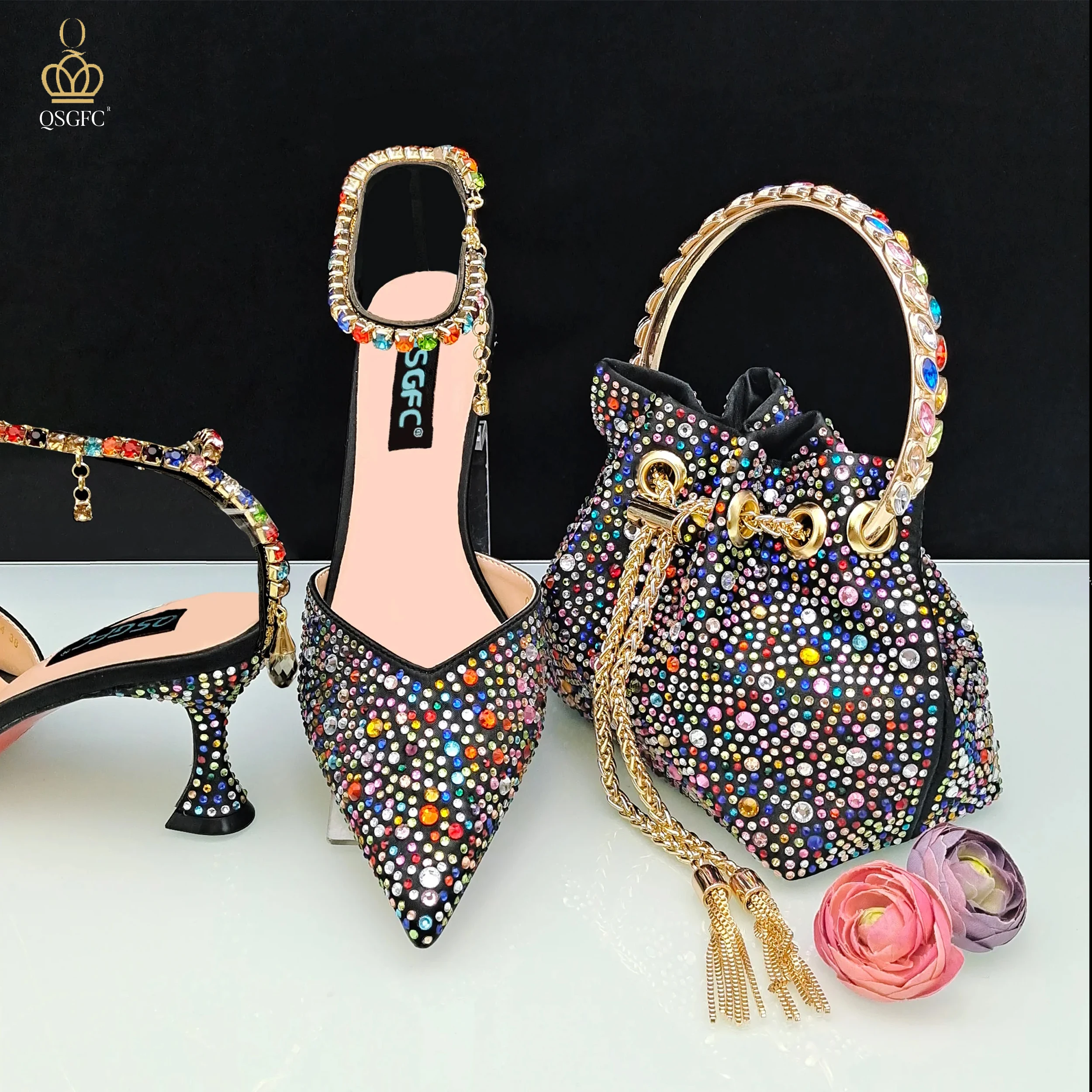 QSGFC 2024 Italian Design Luxury Women\'s Pointed Shoes And Bag Set Full Diamond Decoration Metal Closure Shoes for Party