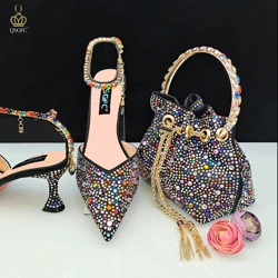 QSGDavid-Ensemble de chaussures pointues et de sacs de luxe pour femmes, décoration en diamant complet, fermeture en métal pour la fête, design italien, 2024