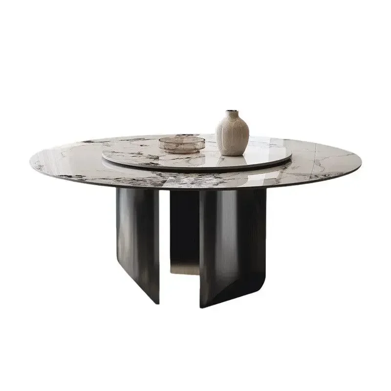 

Light luxury rock slab dining chair combination simple household with turntable round dining table dining table household