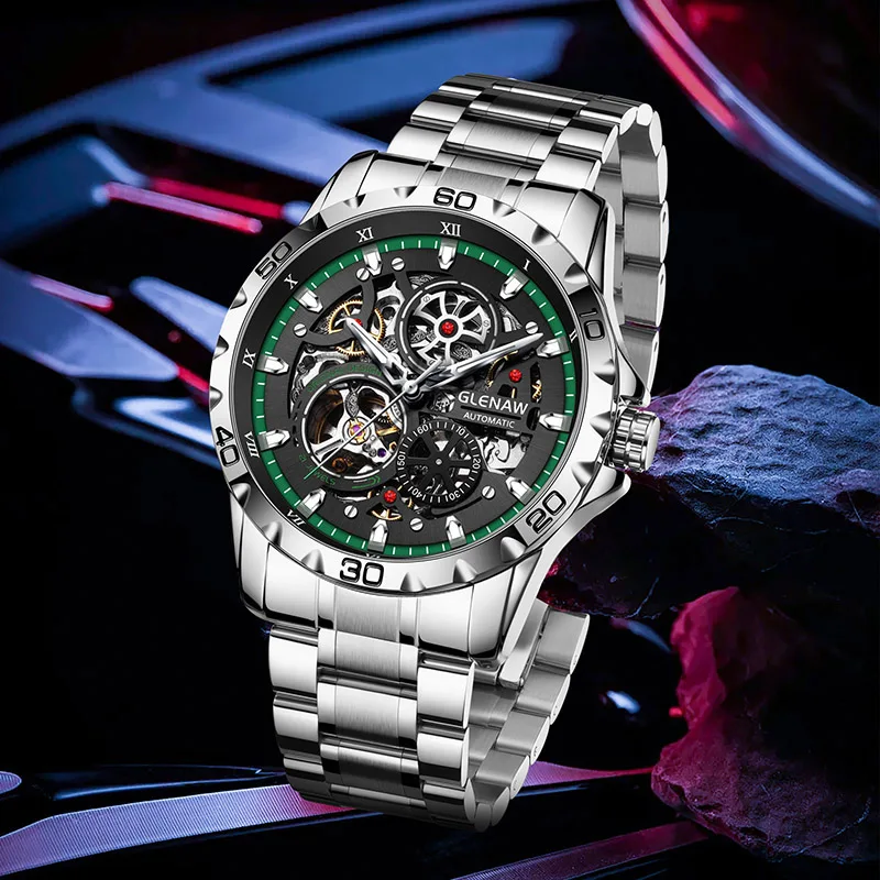 GLENAW Steampunk Skeleton Men\'s Watch Ring Luxury Automatic Mechanical Watches Luminous waterproof Stainless Steel Strap Watch