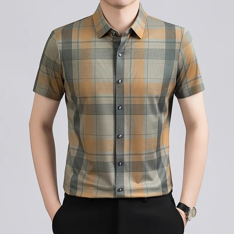 Linen Men's Shirt New Fashion Plaid Short-sleeved Shirt Lapel Linen Shirt Men's
