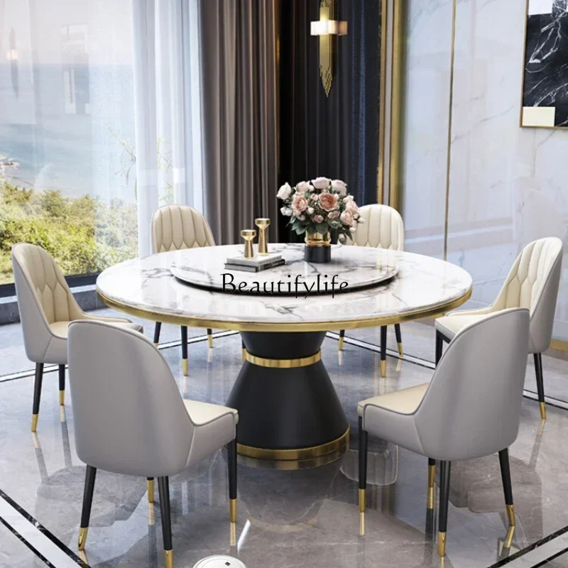 

Light luxury marble dining table Modern simple household Italian round rock slab table with turntable