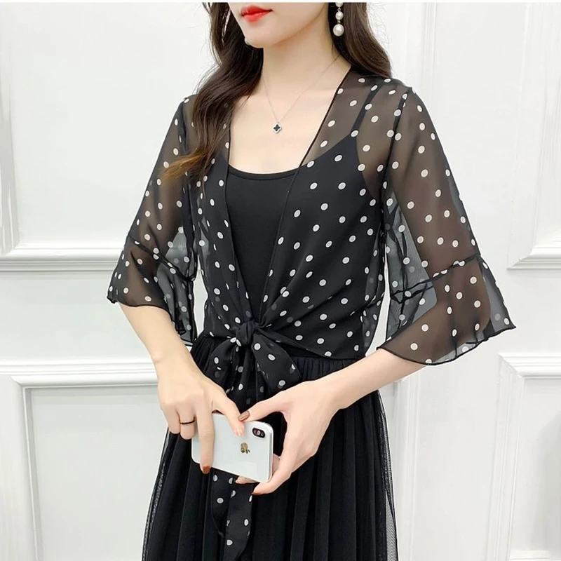 Korean Dot Printing Sun Clothing Women Chiffon Transparent Sunscreen Shawl Summer Blouse Cape Knotted Cloak Neck Guard Scarf R14