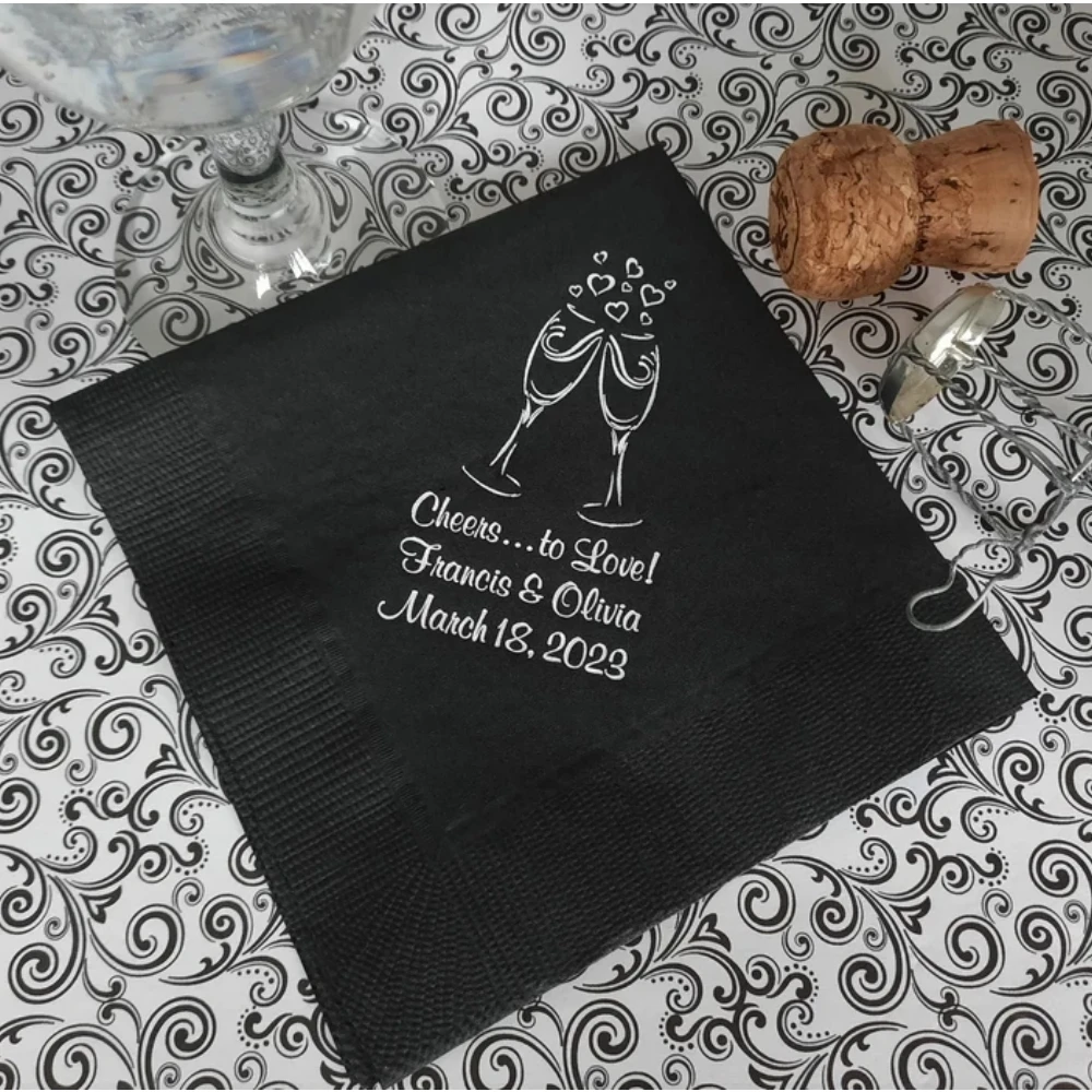 50Pcs Personalized Champagne Wedding Cocktail Napkins -  Anniversary Reception Napkins Engagement Party Napkins with Hearts