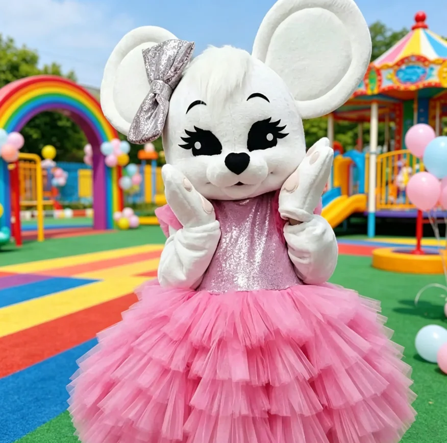 Adult Pink Dress White Mouse Mascot Costume Cartoon Animal Character Professional Animator Outfit for Halloween Christmas