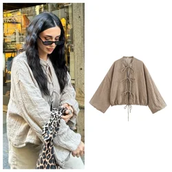 PB&ZA 2024 Spring New Women's Fashion temperament casual versatile round neck tie up short jacket