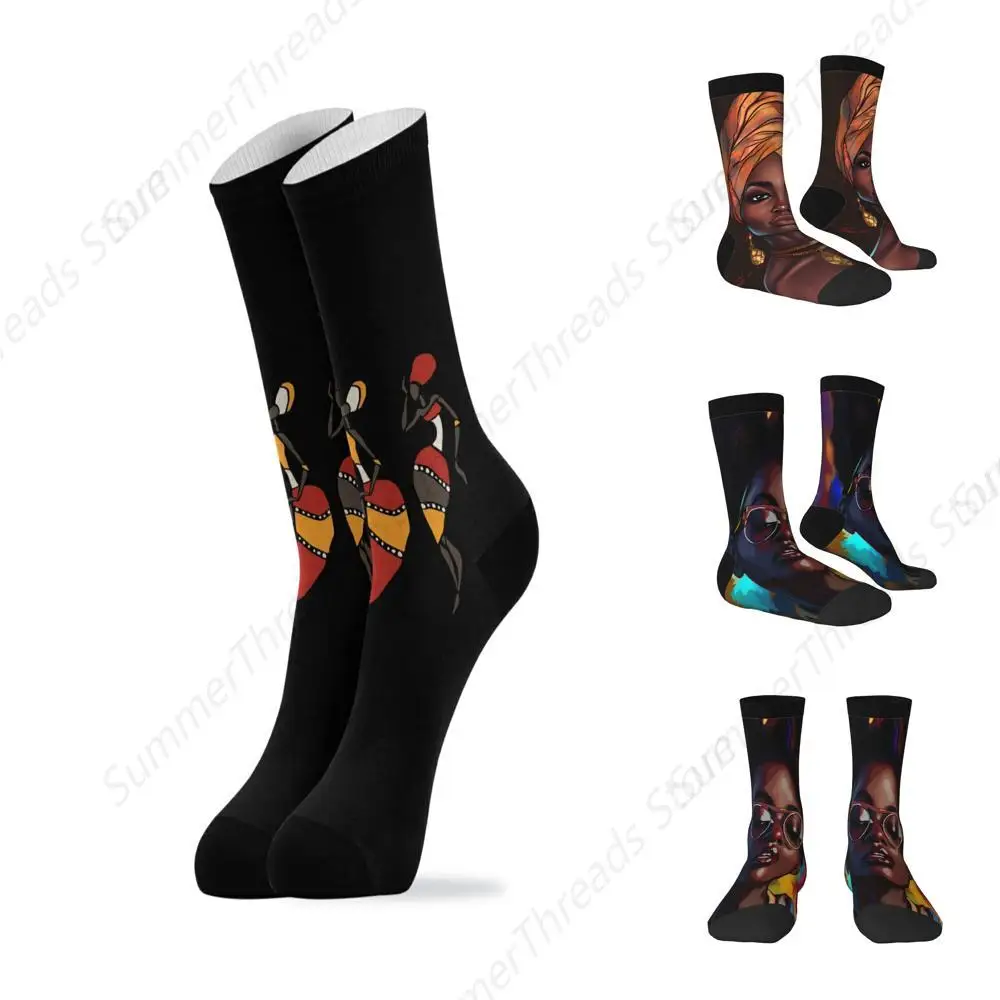 Figures of African Dancers in Ethnic Tribal Style on Dark Casual Compression Crew Knee High Sock Athletic Soft Circulation Socks