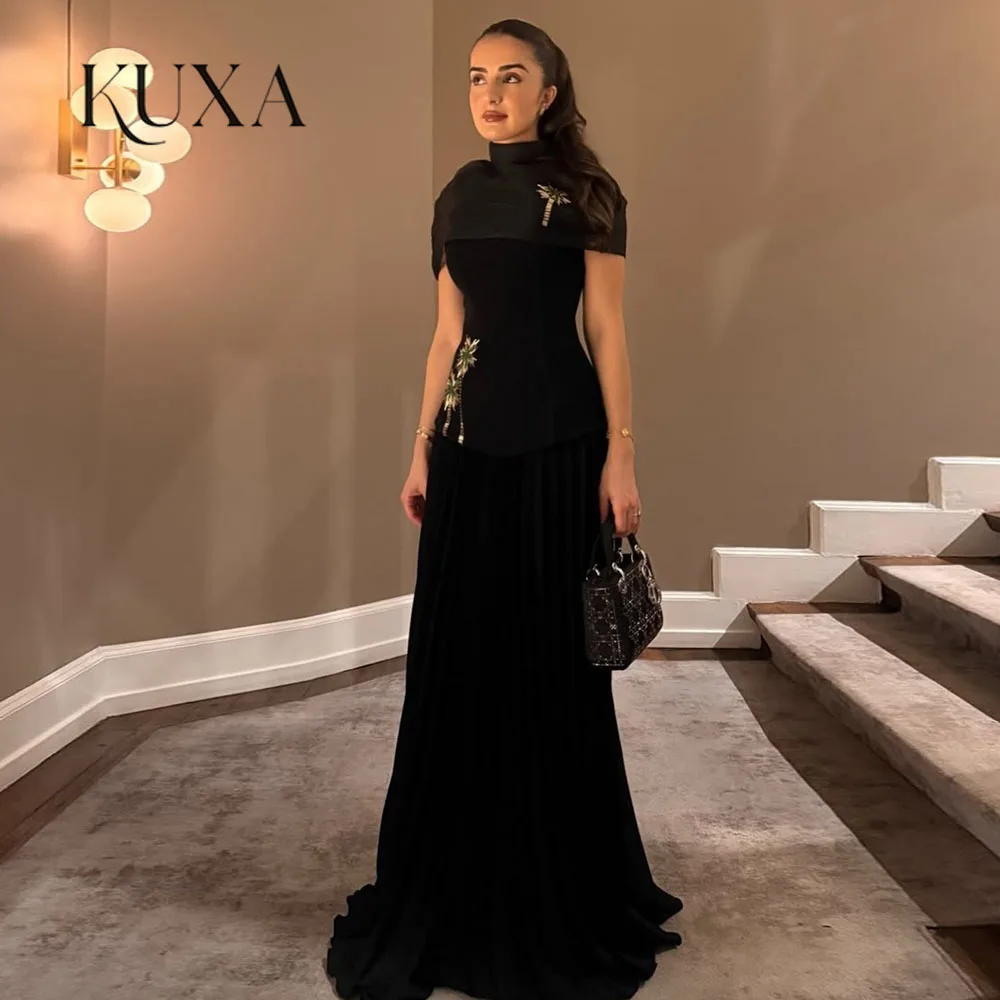 KUXA Maßgeschneiderte Abendkleider mit kurzen Ärmeln, Stehkragen, Perlenstickerei, bodenlange Partykleider, formelle Ballkleider, Robes De Soirée