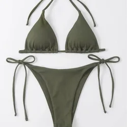 2 sztuki/zestaw strój kąpielowy dla kobiet prążkowane wkładki bez pleców damskie zestaw Bikini Halter Triangle biustonosz wiozane na boku stringi stroje kąpielowe odzież damska