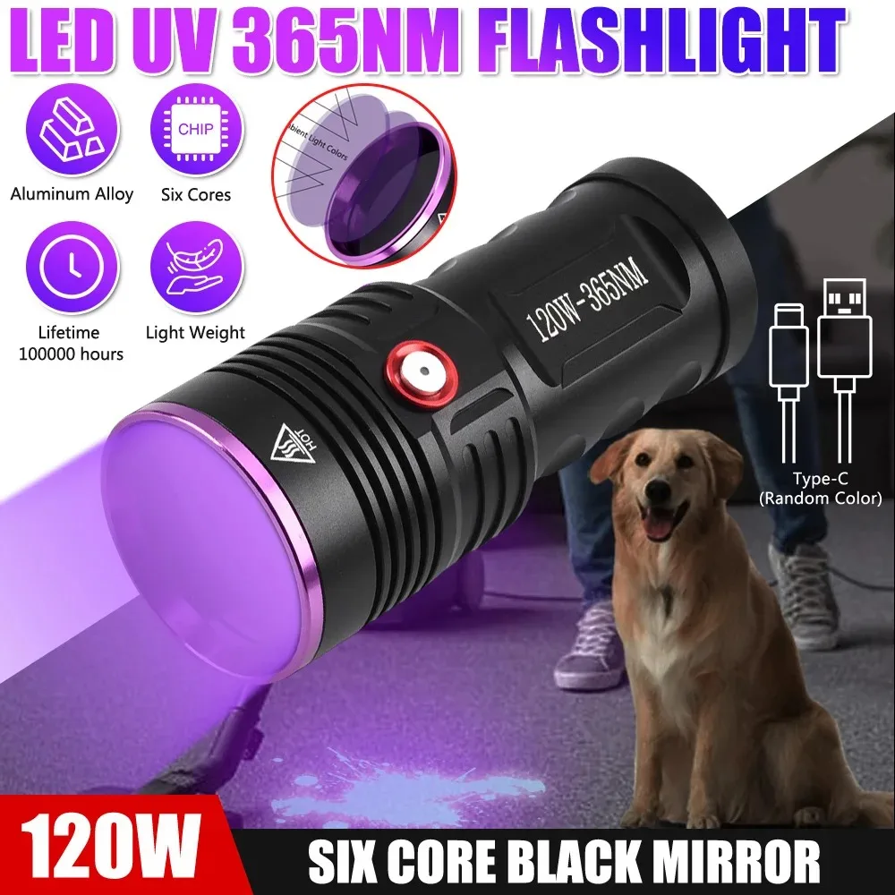 High Power 365nm UV Flashlight 120W LED Black Mirror Purple Light Ultraviolet Torch Pet Urine Stains Detector USB Rechargeable
