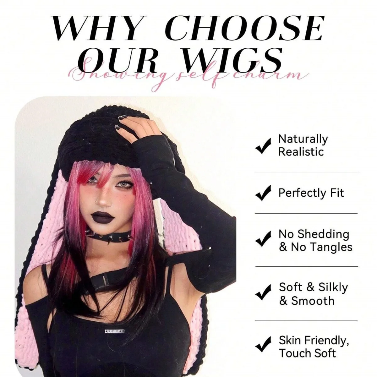 Allbell Magique Roze Zwart Ombre Pruik Lange Gelaagde Rechte Synthetische Pruik Met Pony Gradiënt Natuurlijke Party Cosplay Pruik Voor Vrouwen