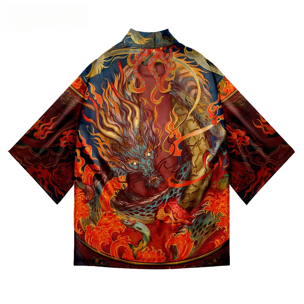 Cardigan de quimono japonês para mulheres, Dragon Print, Haori, Yukata, camisas asiáticas tradicionais, roupas de moda, praia, anime, 2024