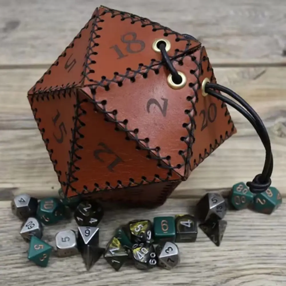 Drawstring Closure Dice Storage Bag Polyhedral Shape Contrast Stitching Drawstring Dice Pouch Brown Metal Eyelets