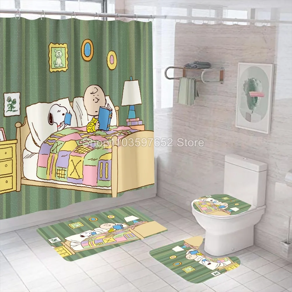 Cute Snoopy Bath Curtain 4PC Set Bathroom Shower Curtain Waterproof Curtains in the Bathroom Soft Bath Mat Toilet Carpet Rugs