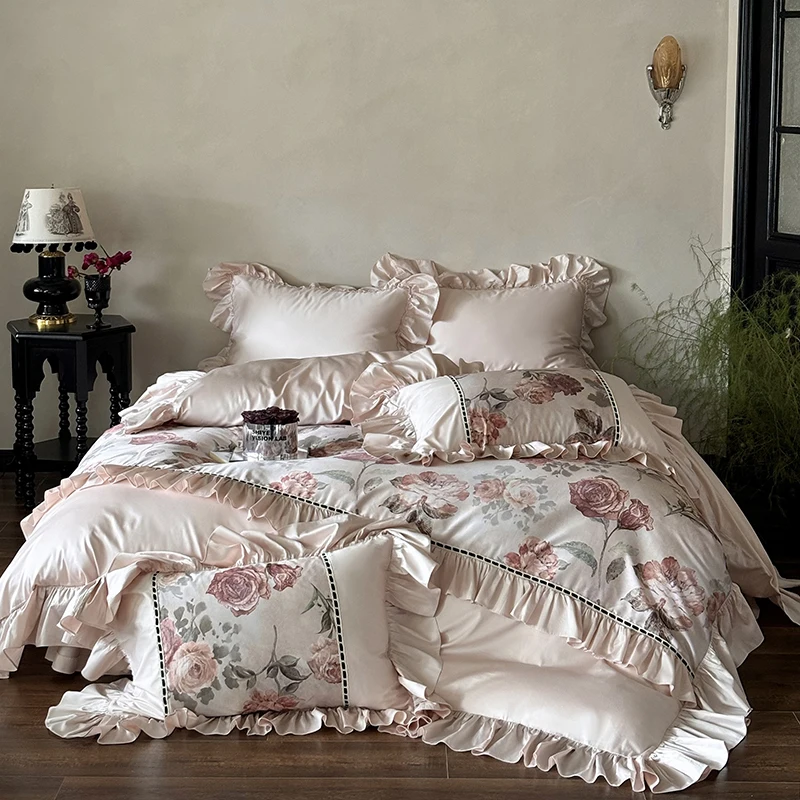 Vintage Elegant Flower Rose Ruffles Bedding Set Double Queen King Egyptian Cotton Home Textile Bed Sheet Pillowcases Duvet Cover