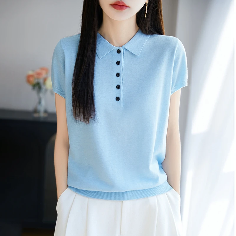 

POLO collar Button decoration Pullover Women knitting Silk wool cotton blend Sweater Short Sleeves high quality Loose Fit Tops