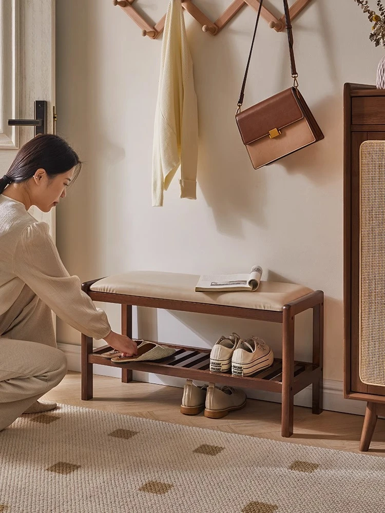 

Nordic solid wood shoe change stool, shoe stool at the door, soft bag, retro long stool, household shoe cabinet integrated