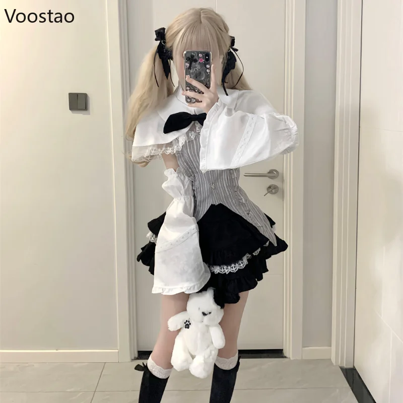 Gothic Lolita Style 4 Piece Sets Women Vintage Bow Cloak Coat Stripe Vest Tops Lace Ruffle Cake Mini Skirt Suit Japanese Outfits